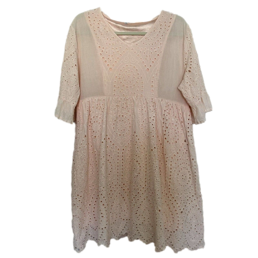 🌵 Cottage Core Peach Cotton Lacy Eyelet 3/4 Sleeve Midi Dress Lined - M/Large